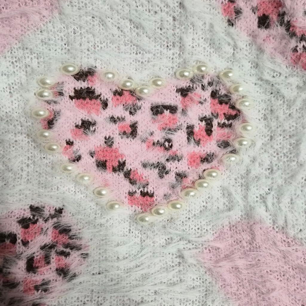 Pink and White Leopard Print Heart Pattern Women's Sweater Size X Large NWOT - Picture 4 of 11